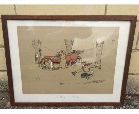 'Le lievre et la tortue', after Eliott, 1907 - a lithograph on artists' paper depicting a veteran tourer with Roi de Belge st