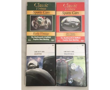 Two DVDs titled Liam Dale's Cars relating to Austin and Vauxhall and two others titled Classic vintage sports cars for early 