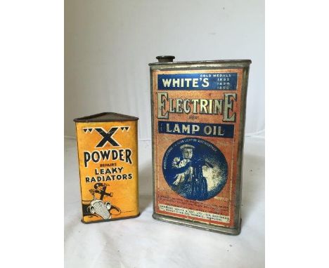 A White's Electrine Lamp Oil rectangular part pictorial can and a triangular Ex-Powder Repairs Leaky Radiators can.