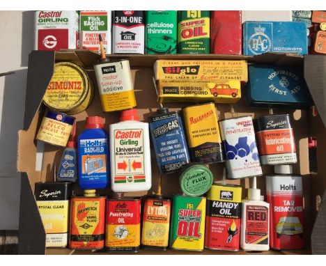 A large box of assorted oil cans and tins etc. including RAC first aid tins.