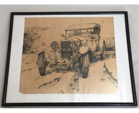 A framed and glazed original pen and ink drawing of a two litre Lagonda produced as an illustration for a Christmas card, dat