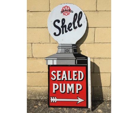 A rare and early Shell die cut double sided enamel sign with hanging flange, shaped in the form of a petrol pump and globe, w