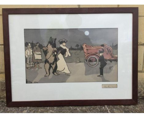 'Une Meprise' - an amusing lithograph print after Geher, circa 1903, depicting a lady passenger who has mistaken a dancing be