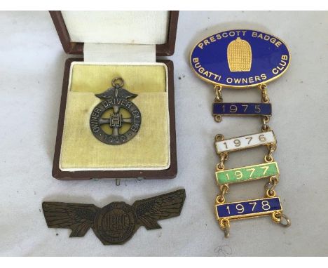 A cased Chinese Owner Driver Club 1930 badge, a Prescott Bugatti Owners' Club enamel badge with several year bars and an Apac