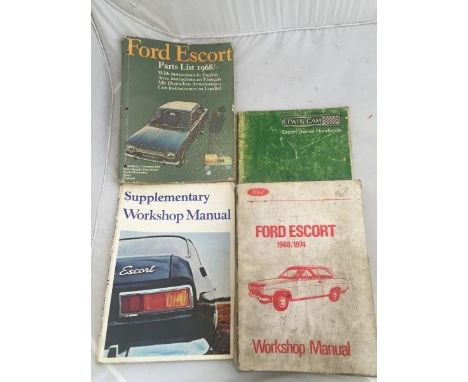 A Ford Escort twin cam owner handbook, 1968, a Ford Escort parts list 1968, a workshop manual and a supplementary workshop ma