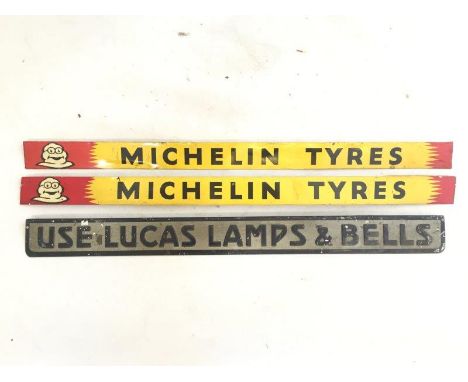 Two Michelin Tyres shelf strips and a Lucas Lamps and Bells shelf strip.