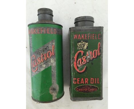 A Wakefield Castrol Gear Oil quart caddy and a Wakefield Castrol Motor Oil R-Grade cylindrical quart can. 