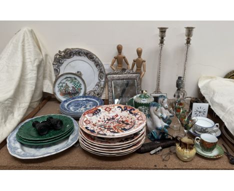 A pair of glass candlestick table lamps together with a clock movement, pottery plates, spectacles, white metal easel mirror,