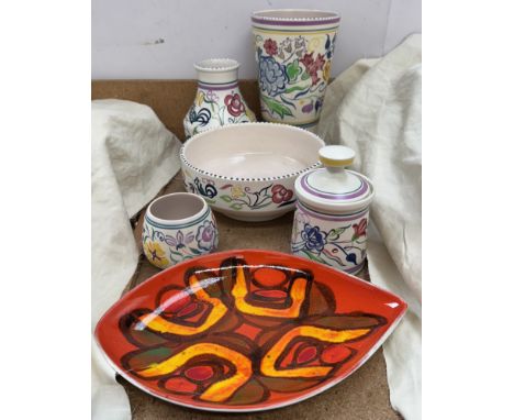 A collection of Poole pottery including a bird of paradise vase with matching bowl, other vases, dish etc 