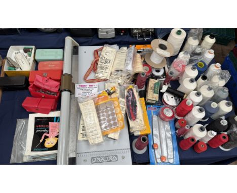A collection of Barbour nylon bonded thread together with other thread, ribbons, Singer sewing accessories etc 