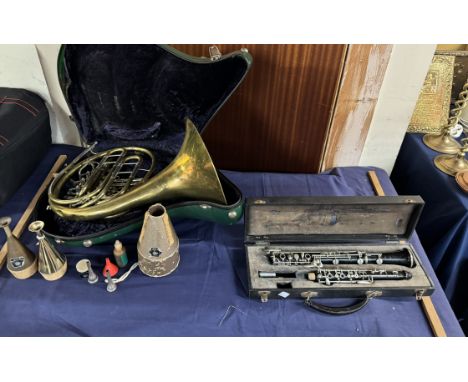 A Paxman of London brass Merewether system French horn, number 97411 A, cased with mutes and other accessories, and a Jerome 