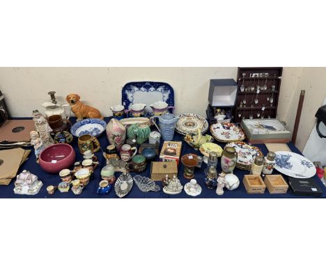 A Royal Winton pottery vase together with pottery plates, character jugs, pottery jugs, souvenir spoons, records etc 