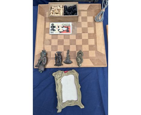 A chess set, boxed together with a board, assorted door knockers and a brass photograph frame