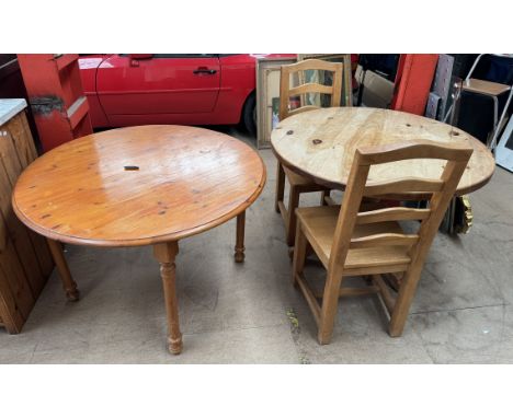Two round pine dining tables together with a pair of ladder back chairs 