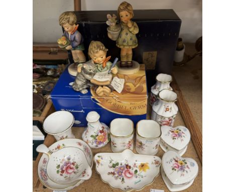 Three M J Hummel figures together with Royal Crown Derby Posies pattern boxes and covers, dishes etc 