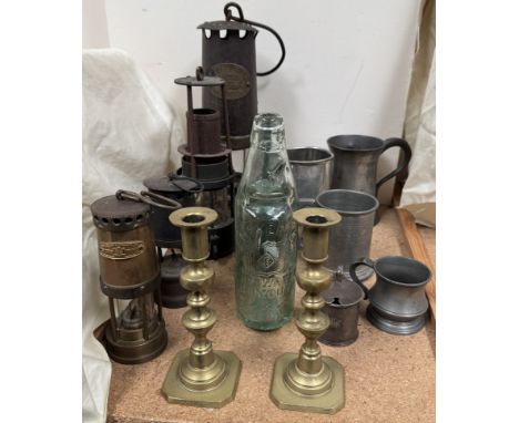 A Thomas & Williams Miners lamp, together with other miners lamps, pewter tankards etc