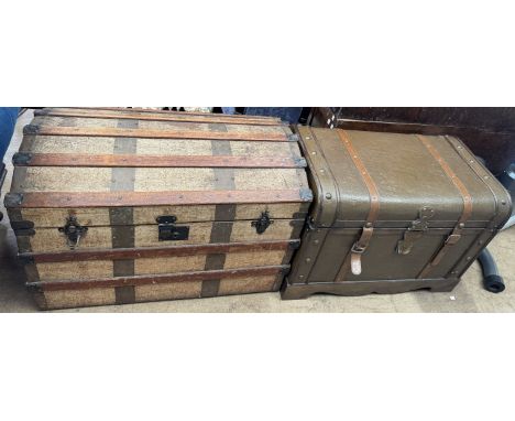 A domed trunk with wooden banding together with a leather bound coffer 