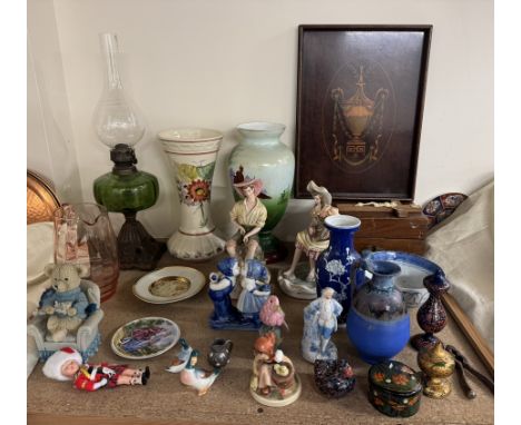 A green glass oil lamp together with a Hummel figure, inlaid tray, pottery figures, glass jug etc 