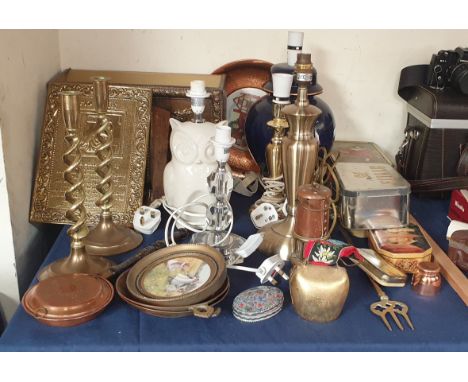 A pottery owl table lamp together with other table lamps, brass wares, tins etc 