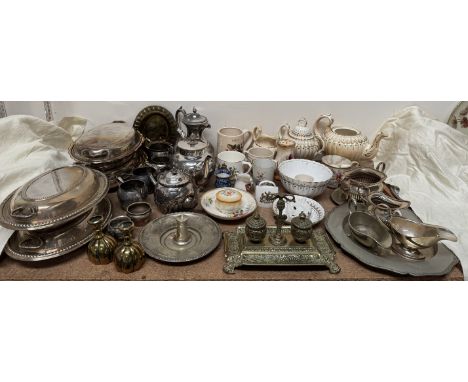 Assorted electroplated wares including entree dishes and covers, part tea set etc together with a part tea service, mugs etc