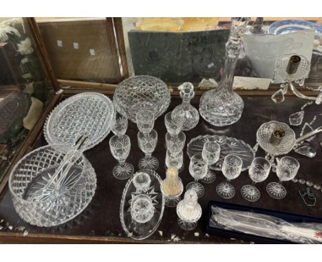 A pair of crystal chandeliers together with glass decanters, drinking glasses, Royal Worcester cake slice etc