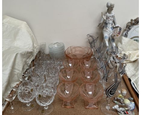Two Wade Mabel Lucie Attwell figures together with a Spanish D'Art figure of a clown, drinking glasses, sundae dishes etc