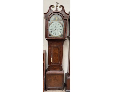 A 19th century mahogany longcase clock, with a broken swan neck pediment and ionic columns above a short trunk door, box base