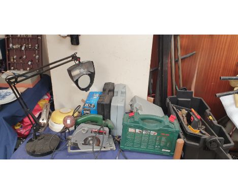 An anglepoise lamp together with assorted tools etc