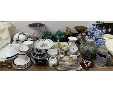 A brass and iron scales together with a 19th century pottery teapot, bone china part tea and dinner service, blue and white v