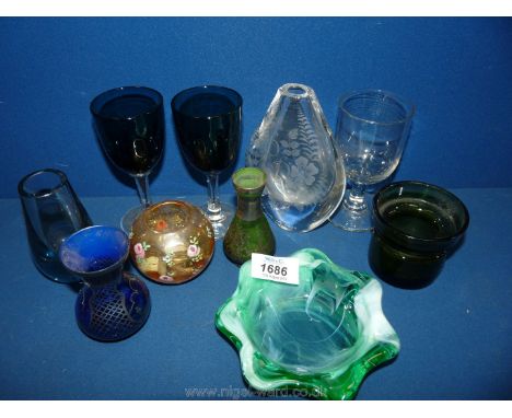 A quantity of small glass items including green glass, wine glasses, heavy posy vase signed Bruce Walker 1975, blue glass and