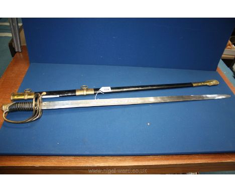 A ceremonial Sword having brass hand guard bearing the initials ''C.S.'' wire bound, leather grip, the 33 3/8'' long blade de