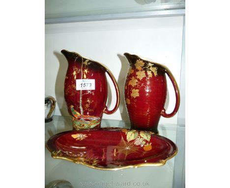 A pair of matching Crown Devon Jugs and a Carltonware Rouge Royale Dish in burgundy with gilt rim.