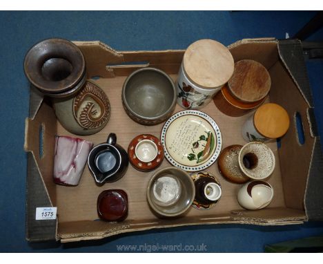 A quantity of assorted ceramics, mainly dating around 1970's, including Jersey pottery bowl and candlestick, tall 'Shelf' vas