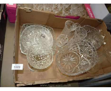 A quantity of glass including basket vases, lemon squeezer, Hyacinth vase etc.