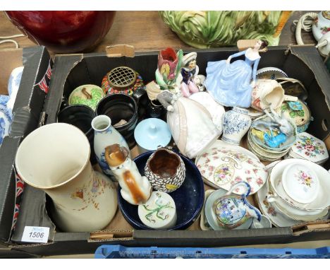 Miscellaneous china including a Beswick ware jam pot and lid, Royal Albert, Poole pottery jam pot and lid, a Crown Devon tall