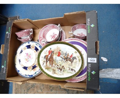 A quantity of Spode plates and red and white soup bowls, hunting scene plate etc.