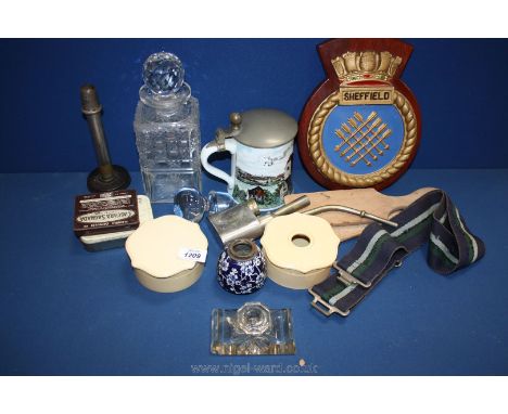 A box of miscellaneous including a commemorative plaque of HMS Sheffield (Falklands casualty), lidded tankard, opium pipe, et