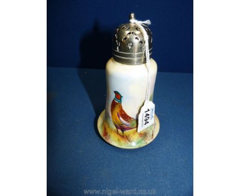 A Worcester Locke &amp; Co porcelain blush ivory W. Stinton sugar Caster, hand painted with cock pheasant in realistic foliag