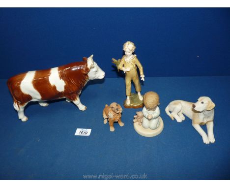 A Goebel figure of a Cow, Royal Worcester Doughty 'Parakeet' figure (damage to wing), Labrador ornament, Lucie Atwell 'Now I 