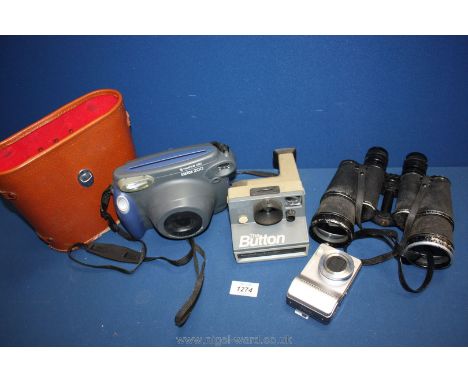 Three Cameras including Polaroid Button and pair of Binoculars.