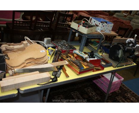 A good quantity of Violin maker's equipment and tools including spare bodies and wood, planes and chisels, Stanley block plan