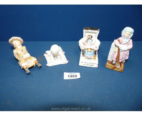 Four figures including a fairing, girl on a sledge, spill vase, etc.