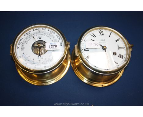 A Schatz Royal Mariner eight day brass ship's Clock striking on a bell, and a matching ship's Barometer, circa 1970's.