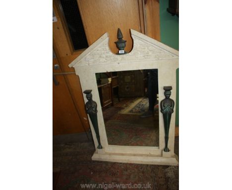 A marble effect mantle mirror with plaster moulded figures and finial, approx. 40" highest point x approx.36" widest point.