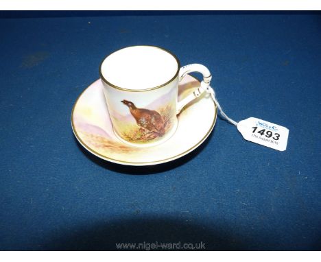 A Royal Worcester porcelain James Stinton 'Game birds' series Coffee Can and saucer, hand painted with grouse in a moorland s