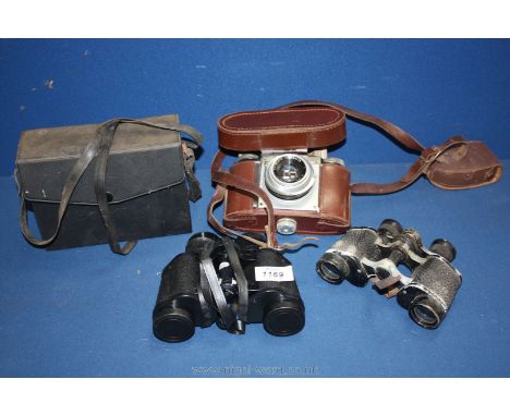 A pair of Hilkin binoculars 8 by 30 field 7.5 cased, and a cased Paxina camera made in Germany, a Kodak autosnap camera etc.