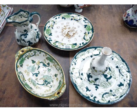 Five pieces of green Chartreuse Masons including a bud vase, jug, clock plate, dinner plate and a bowl.