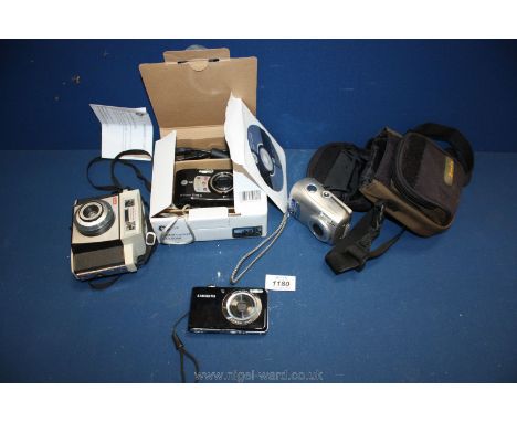 A cased Olympus digital camera FE-110, 5.0 megapixel, a Samsung PL-100 with two sided screen and a GE digital camera.
