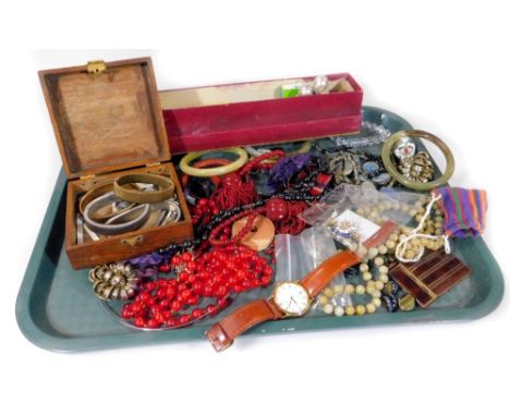 Various costume jewellery and effects, comprising hat pins, imitation tortoise shell cigarette case, loose beads, Casio wrist