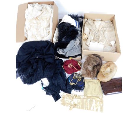 Various vintage ladies and gentleman's clothing, velvet smoking or night cap, feather type shoulder stole, various ladies hat